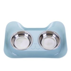 Double pet bowl water dish feeding station - blue